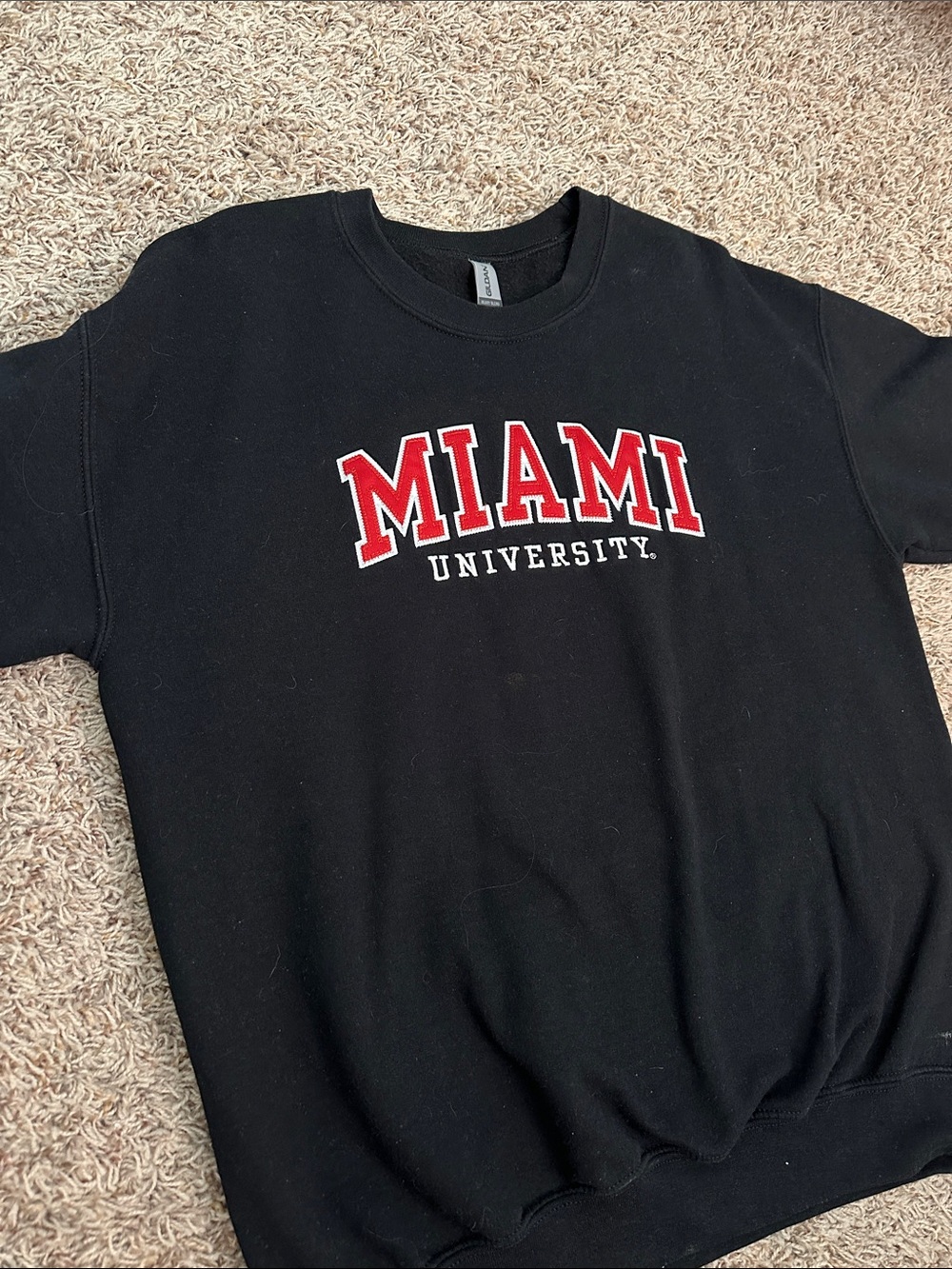 Miami University Gildan Black Crewneck Sweatshirt with Red Miami University Logo